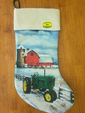 John Deere Farm Tractor Christmas Stocking Green Red Barn Silo Winter Snow T7